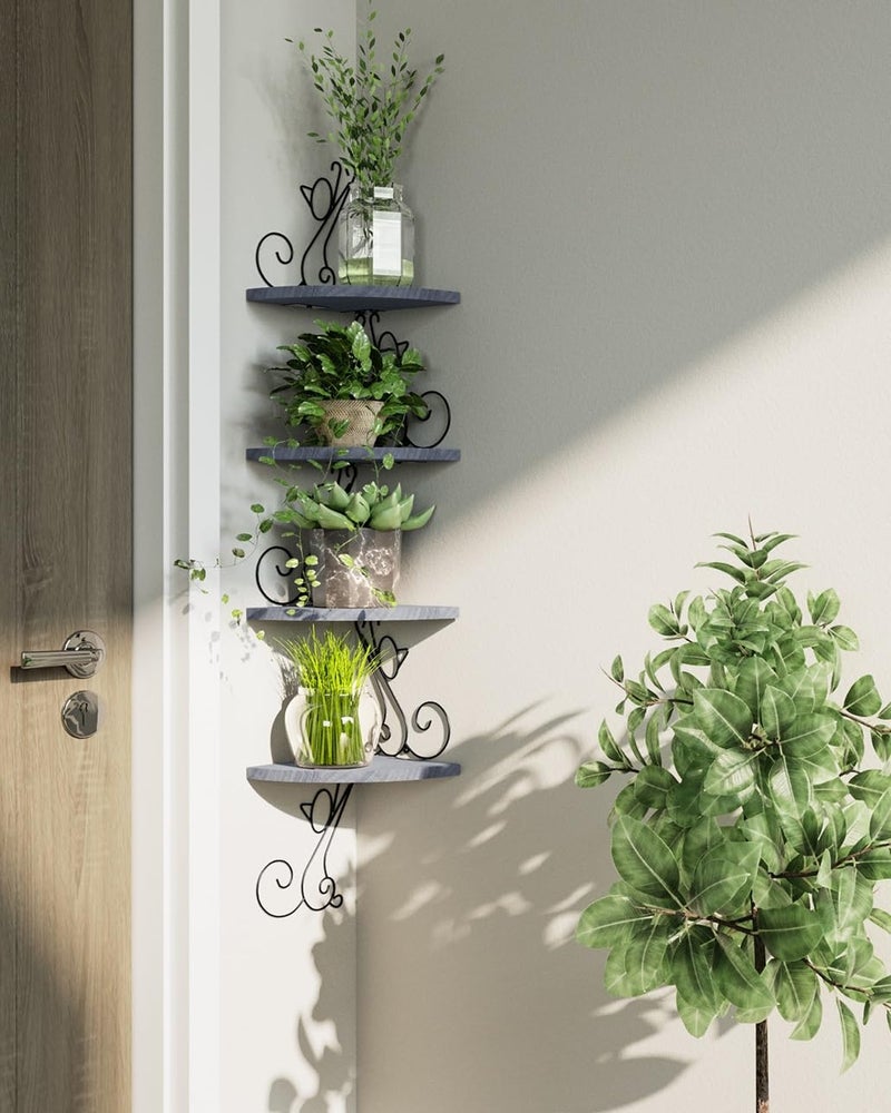 Alsonerbay Wall Mount Corner Shelves 4 Tier Floating Corner Storage Wood Shelves Decorative Rustic Radial Shelf in Cat Shape Weathered Grey - Image 5